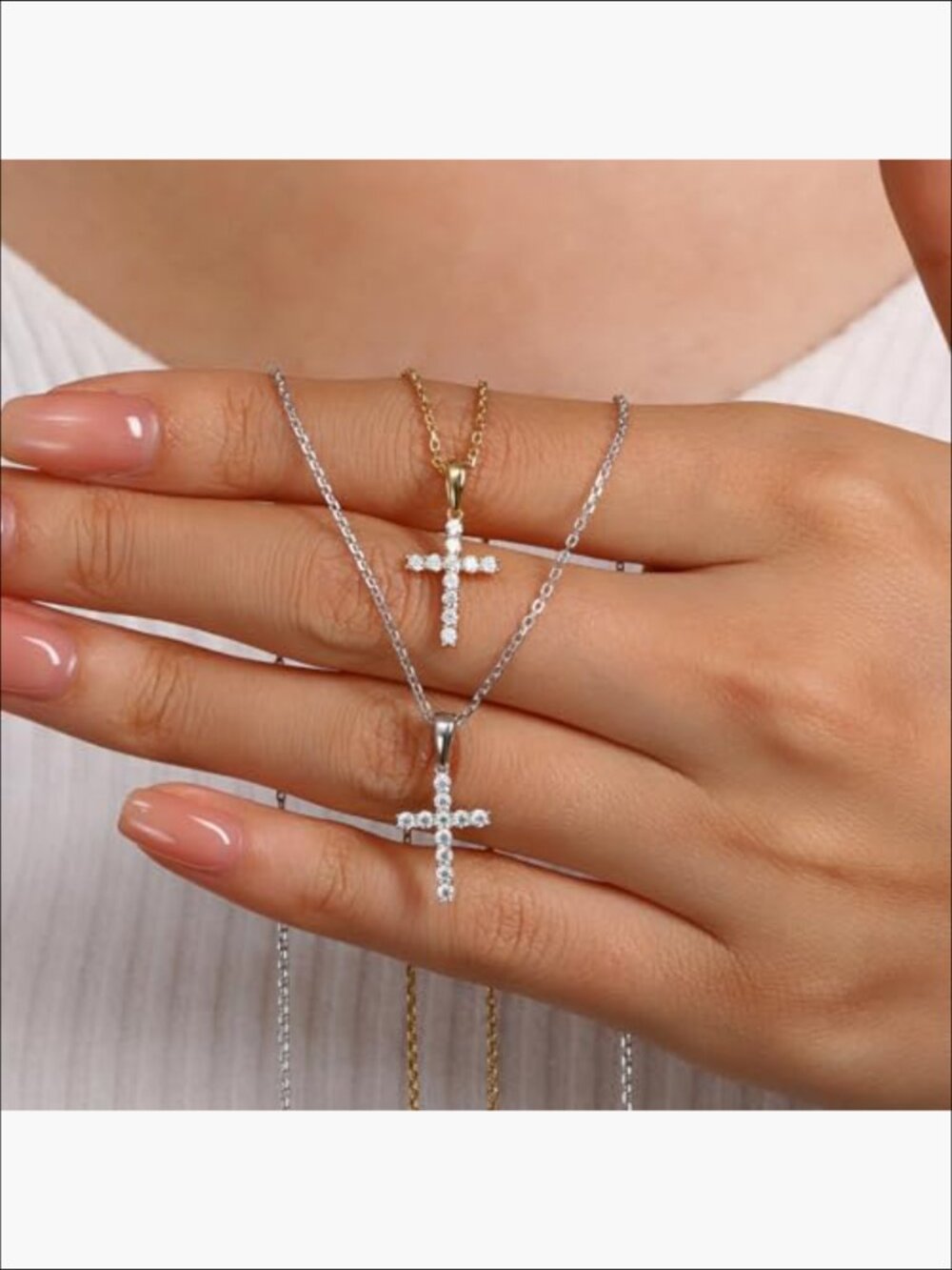 Moissanite Cross Pendant Necklace 14K Gold Plated Sterling Silver - Picture 4 of 7